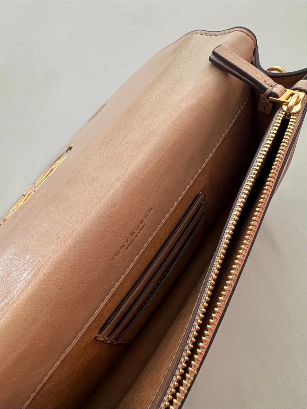 Tory Burch Taupe Miller Leather Bag with Gold Logo